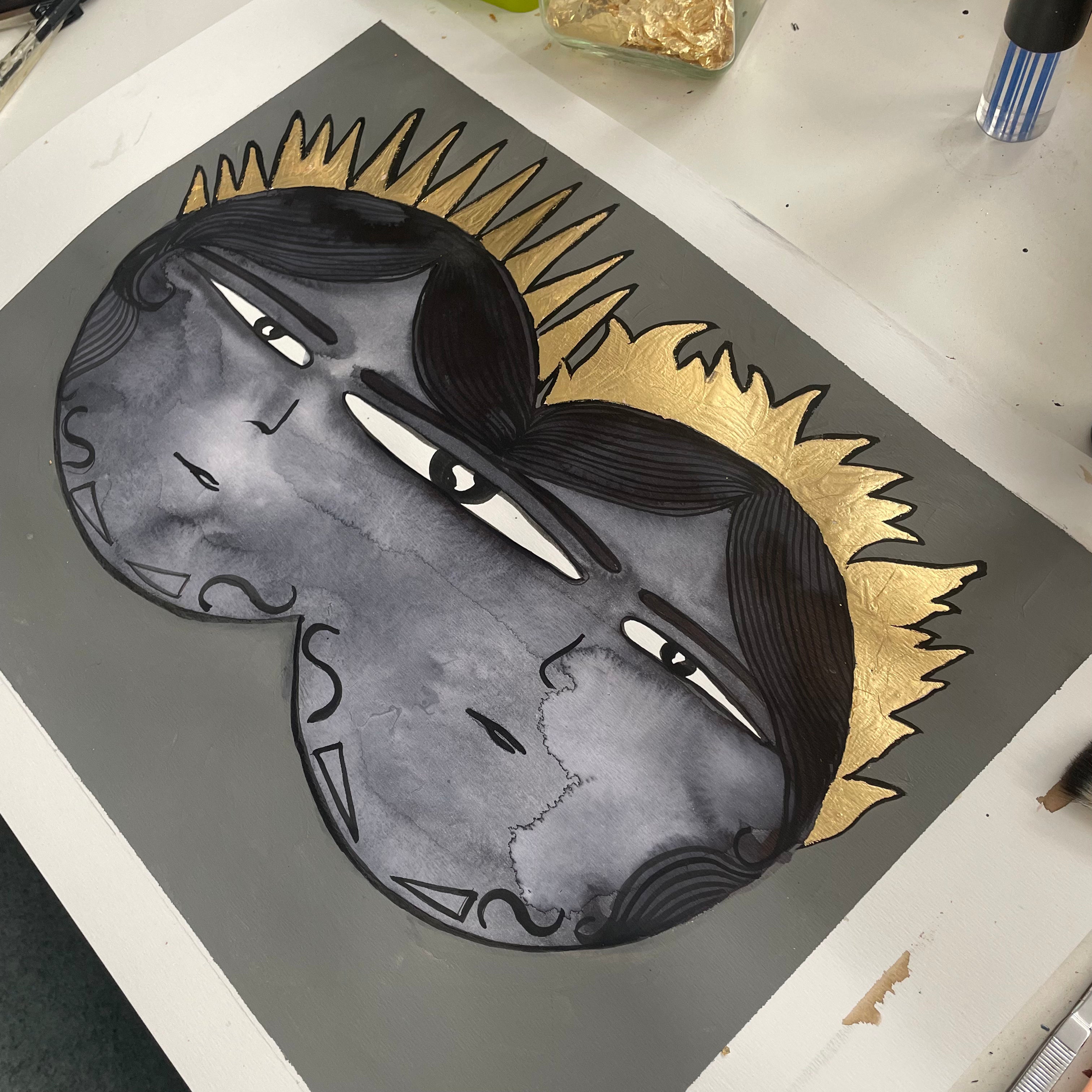 Karatay Kız Kardeşler – Tek Göz Orijinal Eser 35 x 50 cm (Altın yaprak varak uygulamalı)