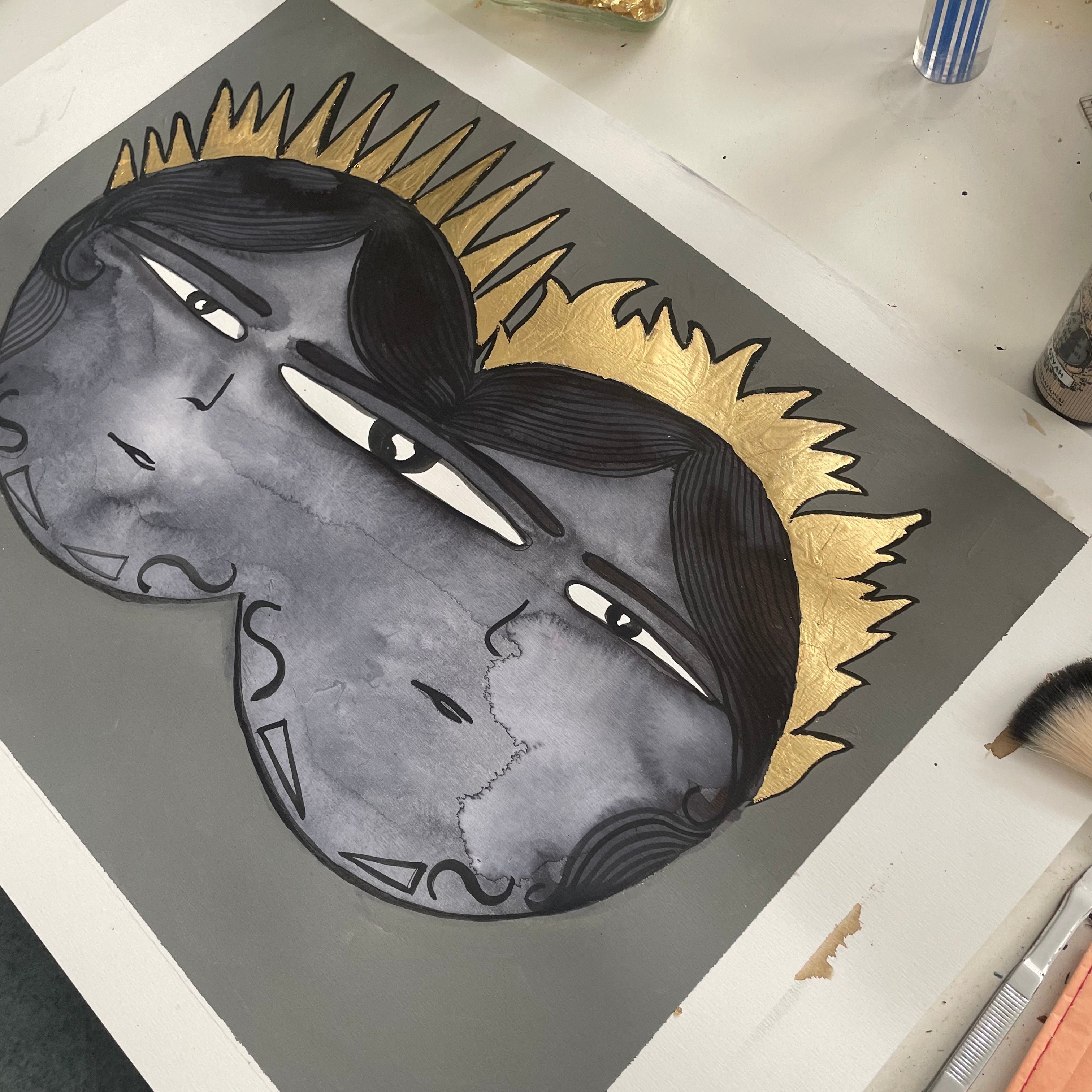 Karatay Kız Kardeşler – Tek Göz Orijinal Eser 35 x 50 cm (Altın yaprak varak uygulamalı)