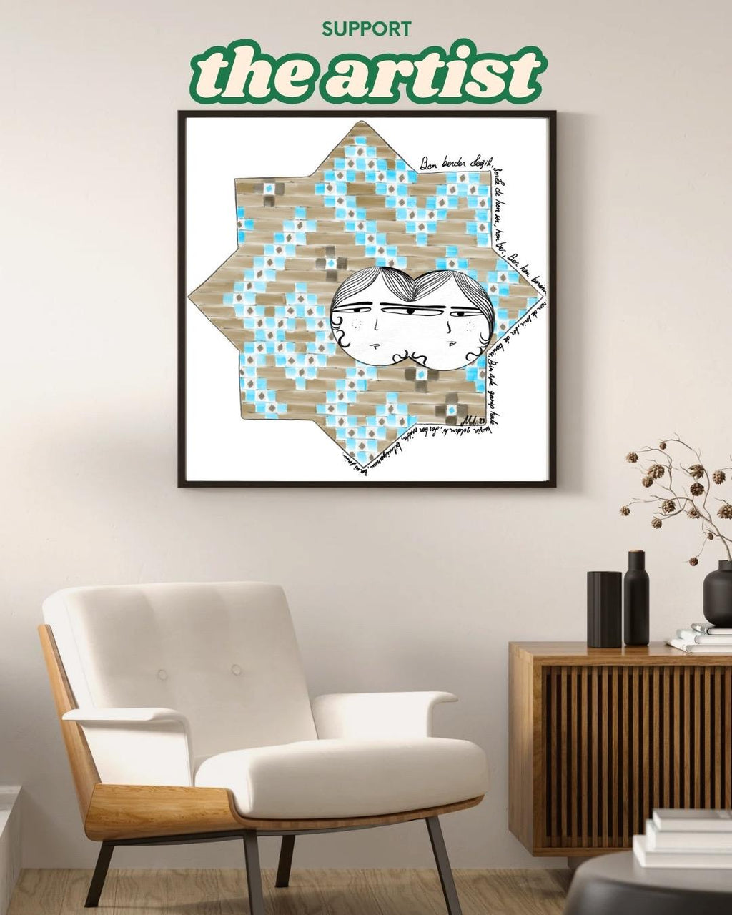 Digital art print of a whimsical double-faced couple illustrated within a Seljuk-style 8-point star pattern, decorated in blue and tan geometric tiles. Framed and displayed in a minimalist modern room.