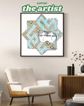 Digital art print of a whimsical double-faced couple illustrated within a Seljuk-style 8-point star pattern, decorated in blue and tan geometric tiles. Framed and displayed in a minimalist modern room.