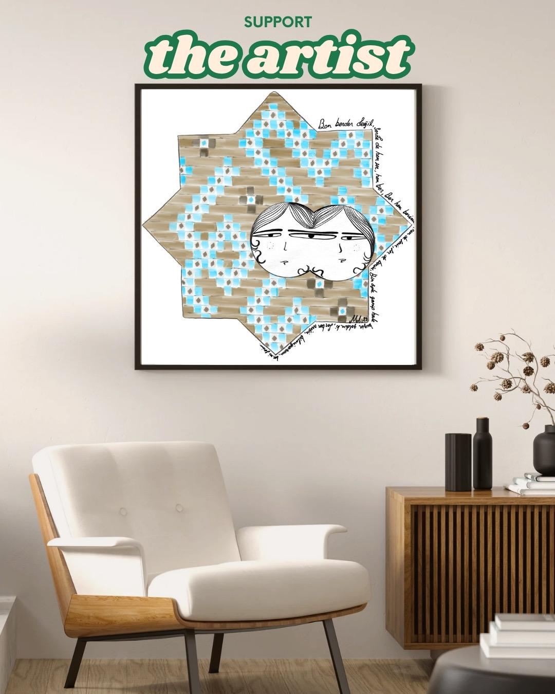 Digital art print of a whimsical double-faced couple illustrated within a Seljuk-style 8-point star pattern, decorated in blue and tan geometric tiles. Framed and displayed in a minimalist modern room.