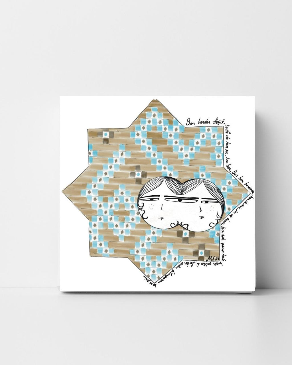 Digital art print of a whimsical double-faced couple illustrated within a Seljuk-style 8-point star pattern, decorated in blue and tan geometric tiles. Framed and displayed in a minimalist modern room.