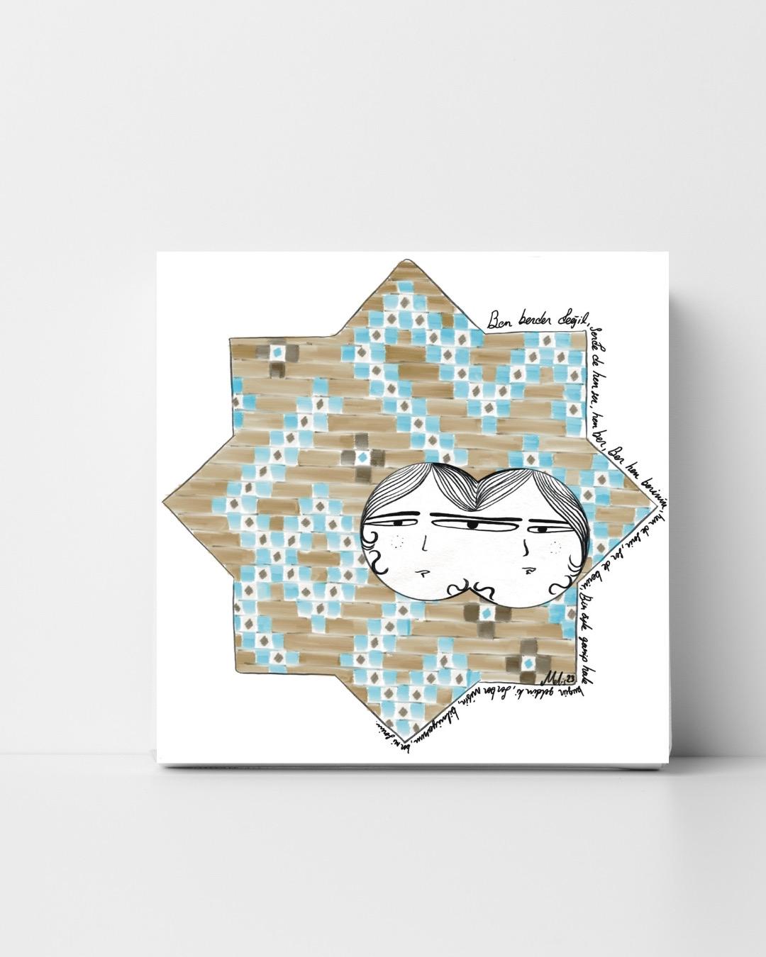 Digital art print of a whimsical double-faced couple illustrated within a Seljuk-style 8-point star pattern, decorated in blue and tan geometric tiles. Framed and displayed in a minimalist modern room.
