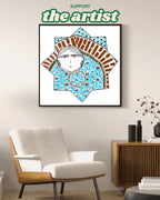 Digital illustration featuring a whimsical double-faced character framed inside a Seljuk star with a brick arch and blue geometric tile motifs, inspired by Turkish architecture.