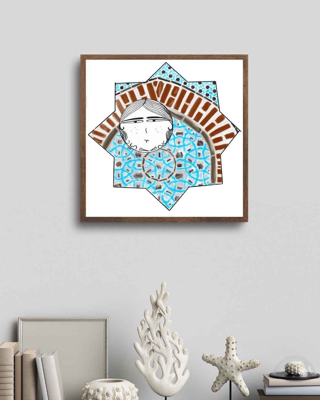 Digital illustration featuring a whimsical double-faced character framed inside a Seljuk star with a brick arch and blue geometric tile motifs, inspired by Turkish architecture.