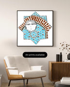 Digital illustration featuring a whimsical double-faced character framed inside a Seljuk star with a brick arch and blue geometric tile motifs, inspired by Turkish architecture.