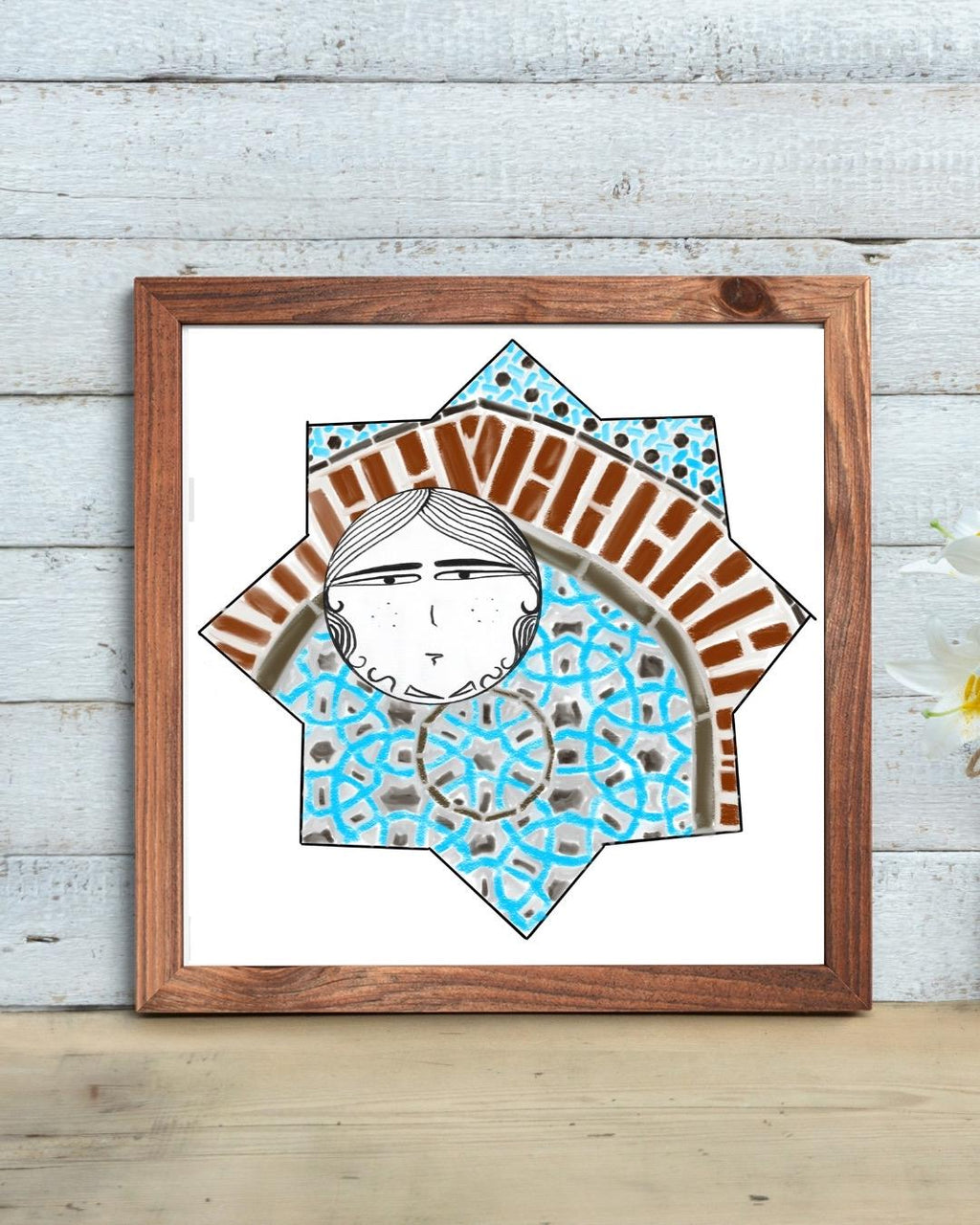 Digital illustration featuring a whimsical double-faced character framed inside a Seljuk star with a brick arch and blue geometric tile motifs, inspired by Turkish architecture.