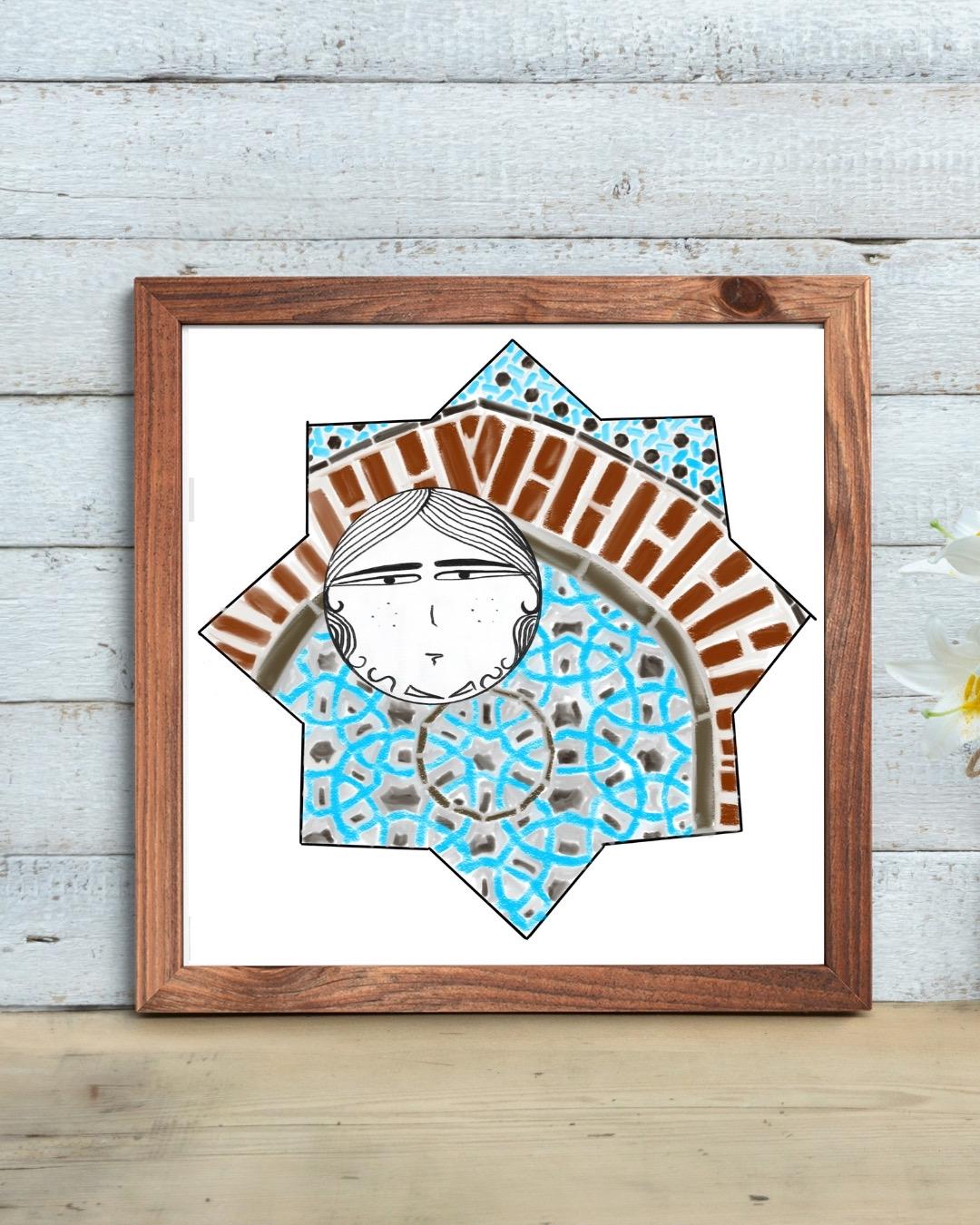 Digital illustration featuring a whimsical double-faced character framed inside a Seljuk star with a brick arch and blue geometric tile motifs, inspired by Turkish architecture.