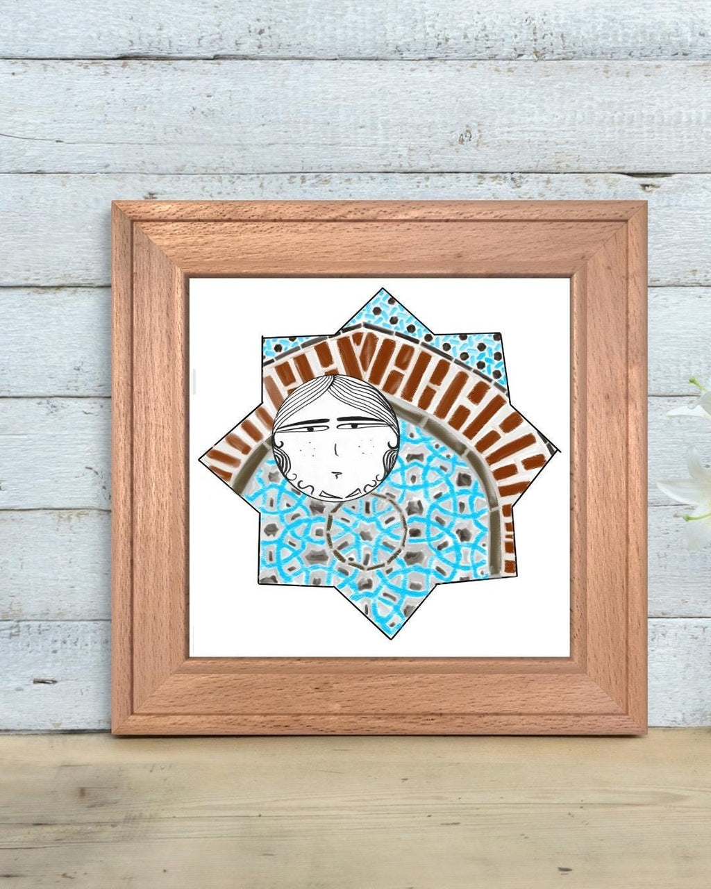 Digital illustration featuring a whimsical double-faced character framed inside a Seljuk star with a brick arch and blue geometric tile motifs, inspired by Turkish architecture.