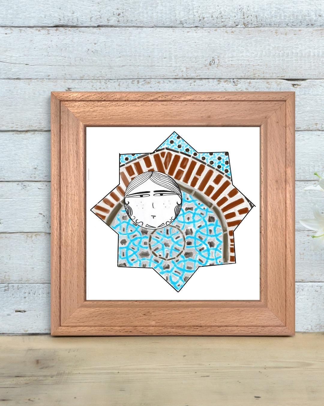 Digital illustration featuring a whimsical double-faced character framed inside a Seljuk star with a brick arch and blue geometric tile motifs, inspired by Turkish architecture.