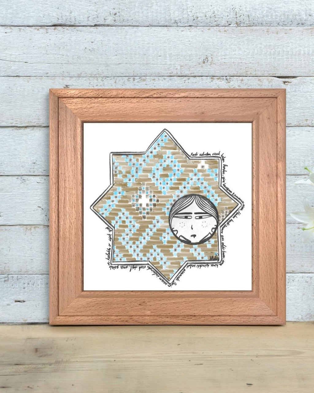 Seljuk Star Tile Art Print: Whimsical Face, Turkish Mosaic (Digital Download)