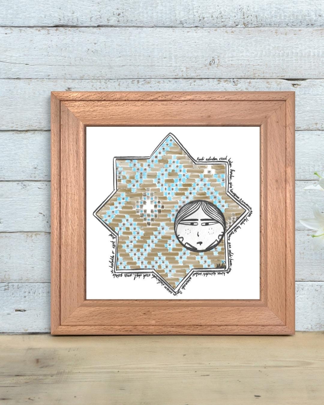 Seljuk Star Tile Art Print: Whimsical Face, Turkish Mosaic (Digital Download)