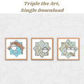 A framed set of three digital art prints featuring stylized faces inside Seljuk star motifs, displayed on a neutral gallery wall. The artworks use traditional Turkish patterns with modern illustration. Top text reads: “Three Visions • One Harmony”.
