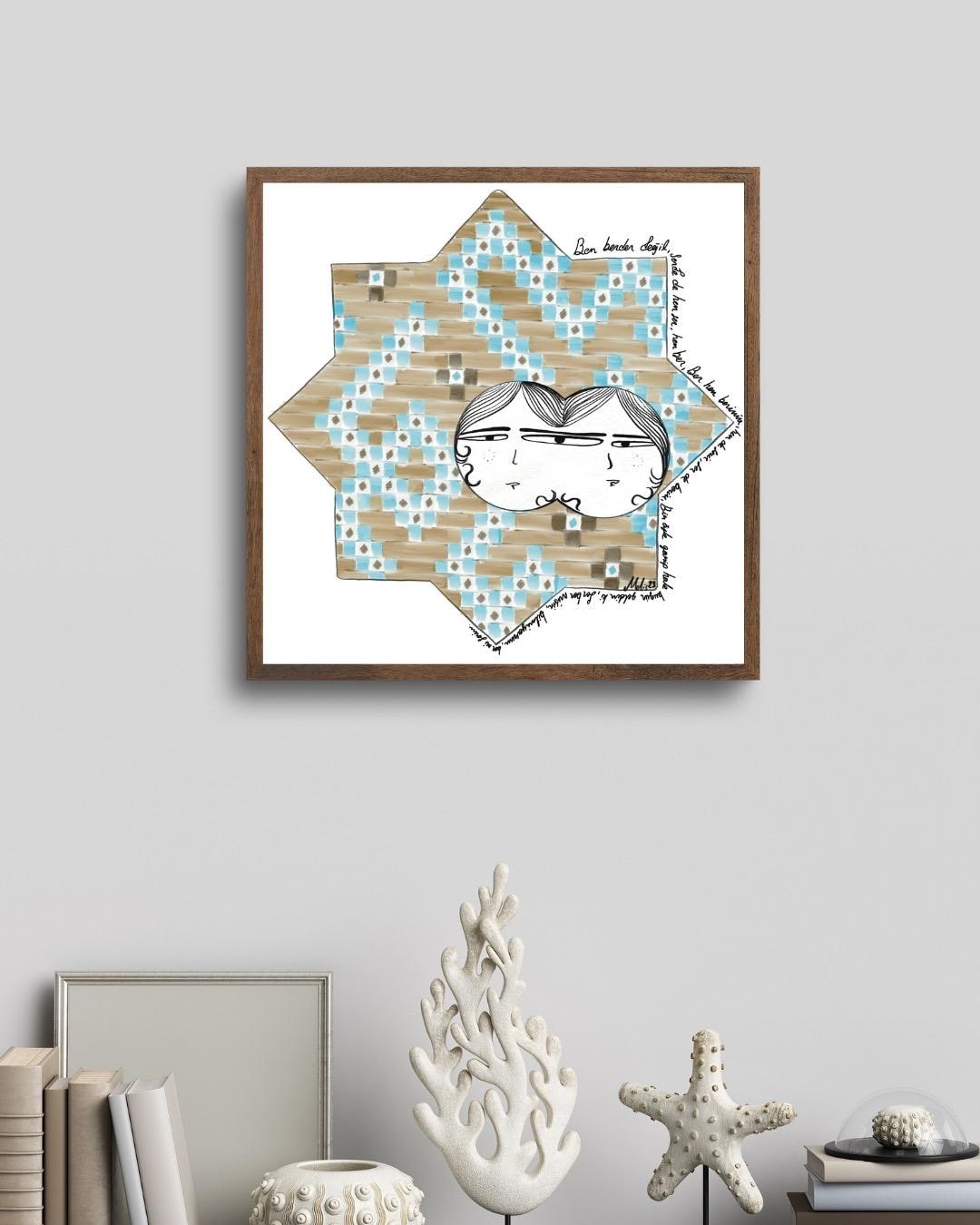 Digital art print of a whimsical double-faced couple illustrated within a Seljuk-style 8-point star pattern, decorated in blue and tan geometric tiles. Framed and displayed in a minimalist modern room.