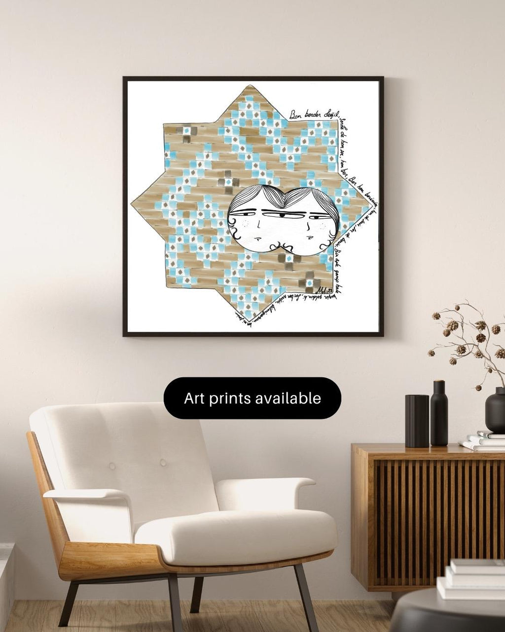 Digital art print of a whimsical double-faced couple illustrated within a Seljuk-style 8-point star pattern, decorated in blue and tan geometric tiles. Framed and displayed in a minimalist modern room.