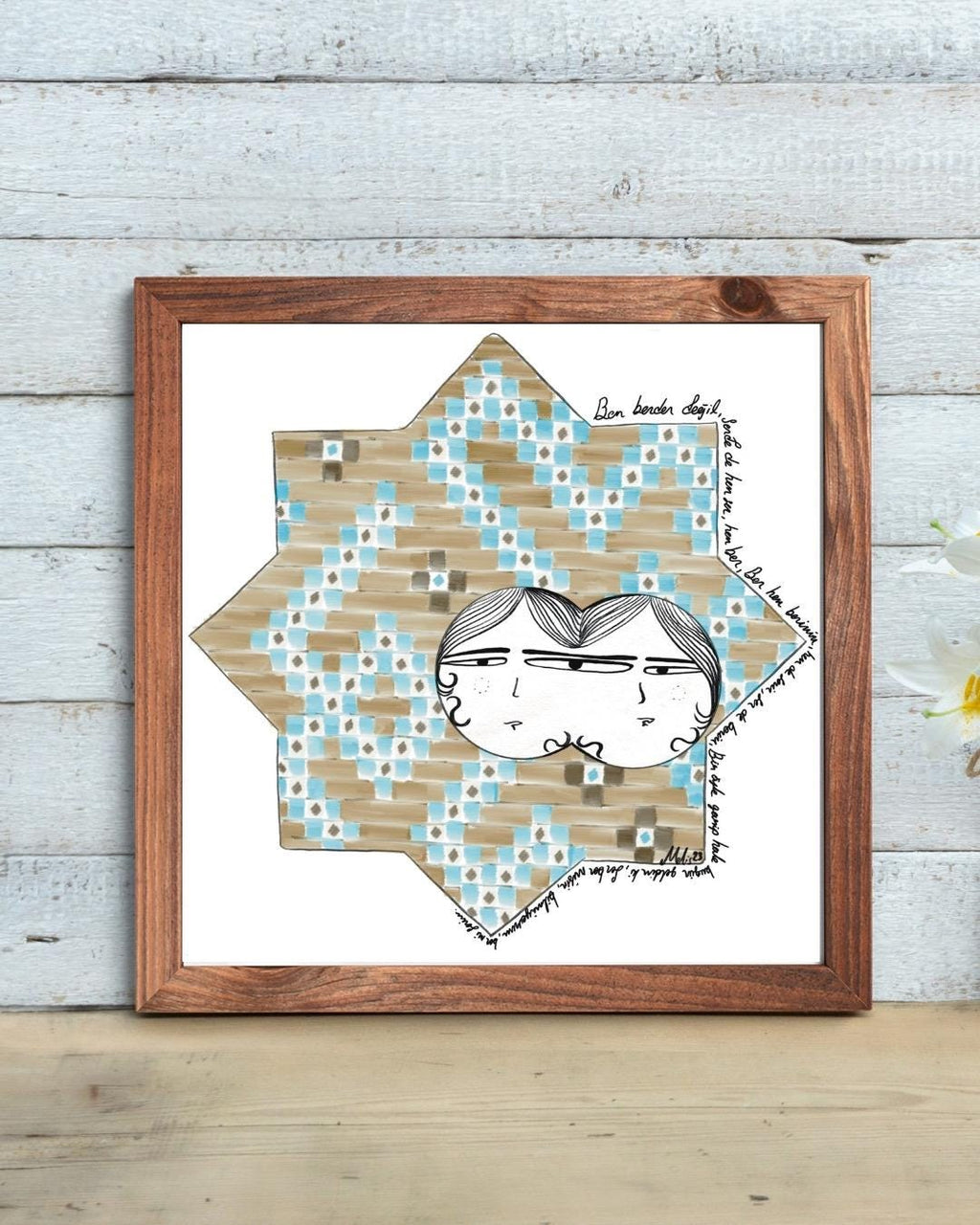 Digital art print of a whimsical double-faced couple illustrated within a Seljuk-style 8-point star pattern, decorated in blue and tan geometric tiles. Framed and displayed in a minimalist modern room.