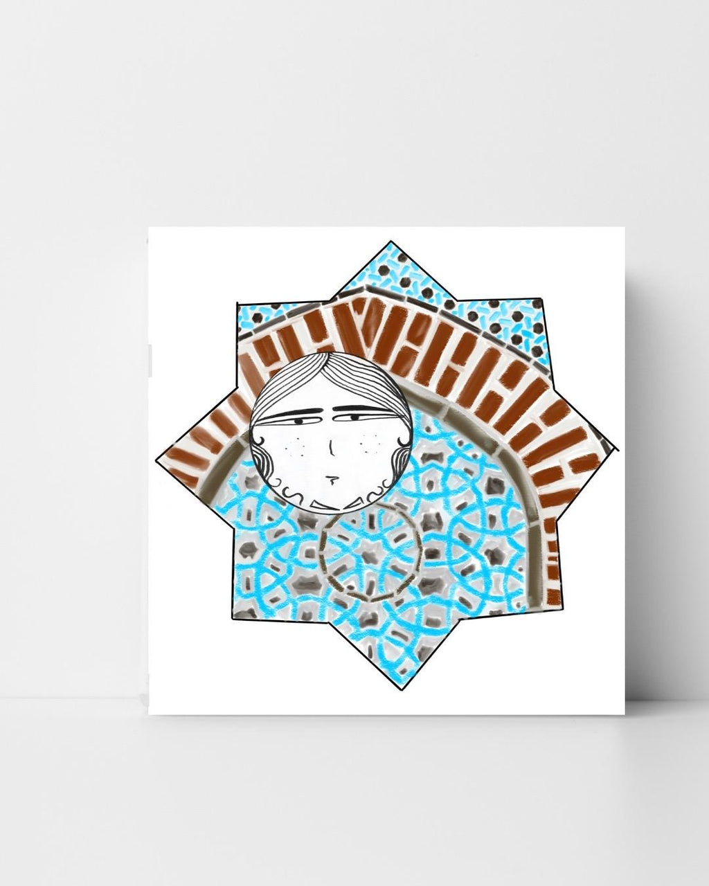 Digital illustration featuring a whimsical double-faced character framed inside a Seljuk star with a brick arch and blue geometric tile motifs, inspired by Turkish architecture.