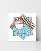 Digital illustration featuring a whimsical double-faced character framed inside a Seljuk star with a brick arch and blue geometric tile motifs, inspired by Turkish architecture.