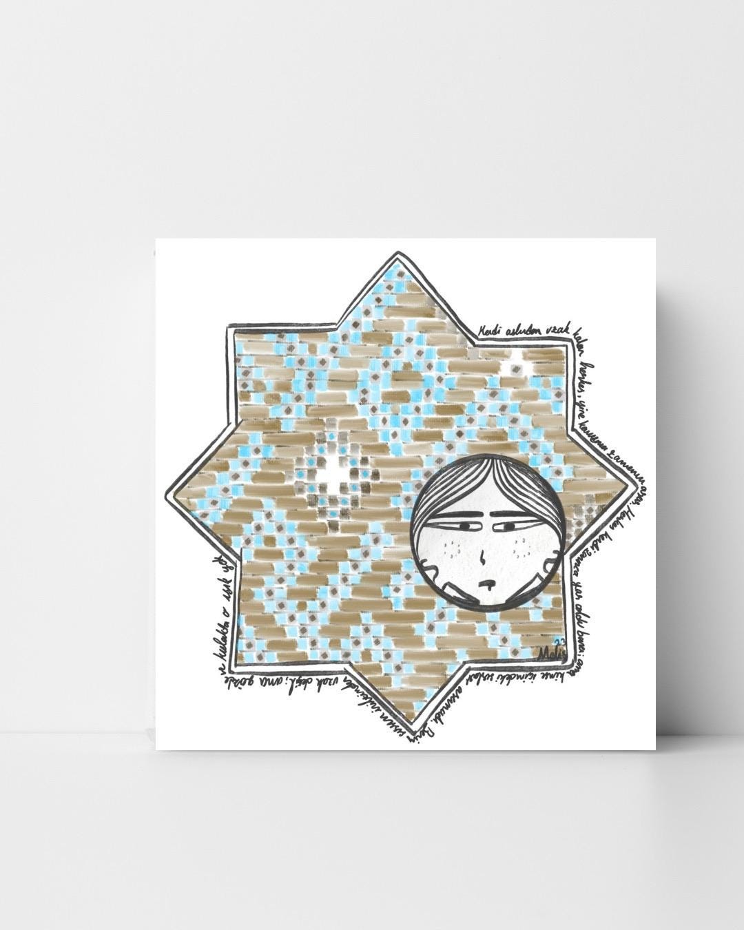 Seljuk Star Tile Art Print: Whimsical Face, Turkish Mosaic (Digital Download)