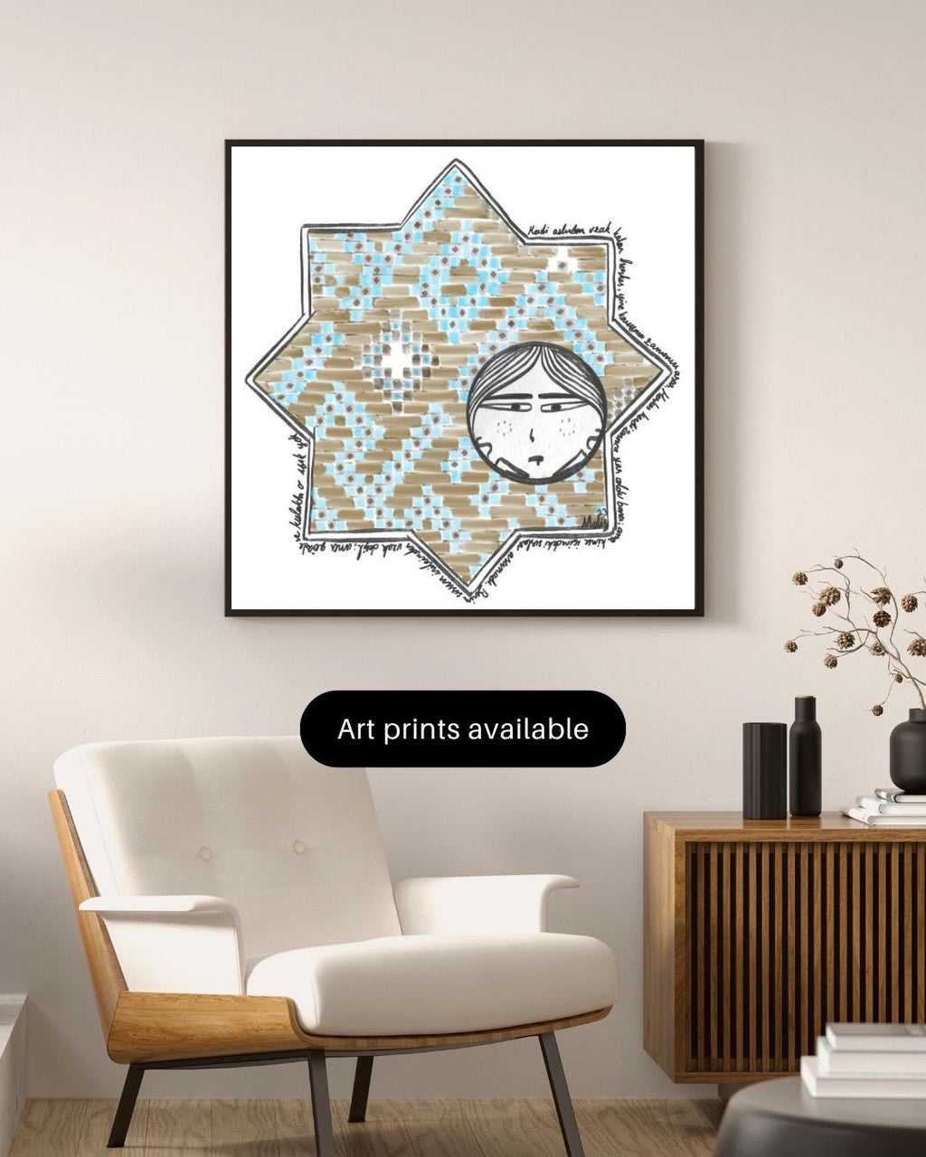 Seljuk Star Tile Art Print: Whimsical Face, Turkish Mosaic (Digital Download)