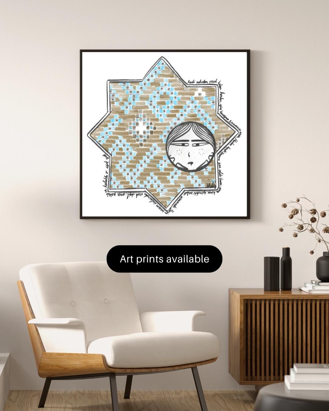 Seljuk Star Tile Art Print: Whimsical Face, Turkish Mosaic (Digital Download)