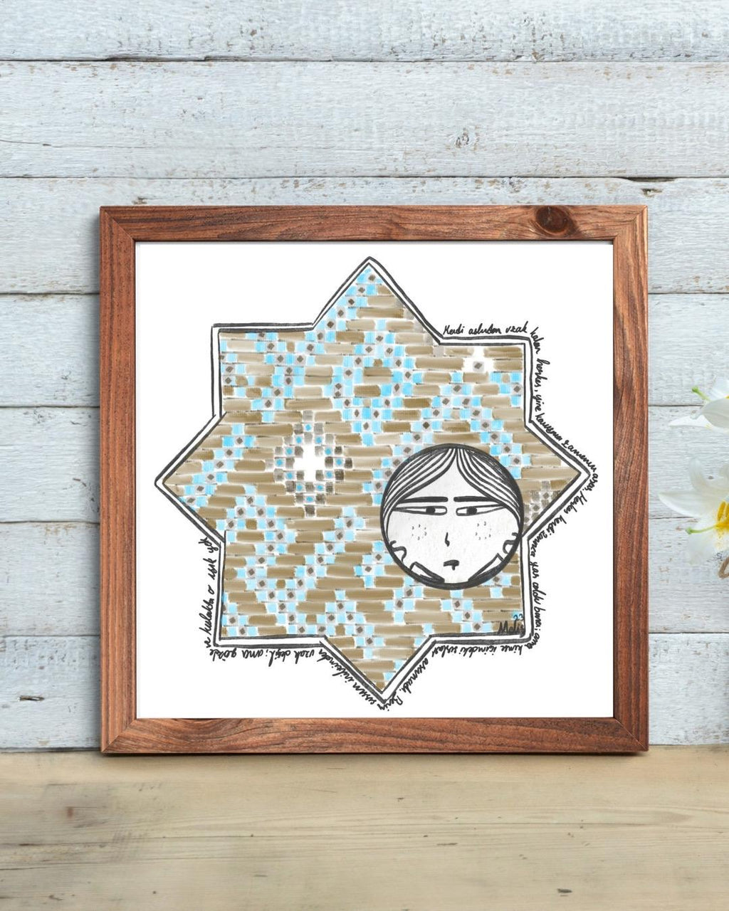 Seljuk Star Tile Art Print: Whimsical Face, Turkish Mosaic (Digital Download)