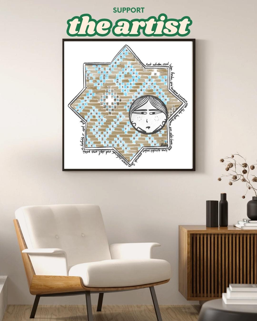 Seljuk Star Tile Art Print: Whimsical Face, Turkish Mosaic (Digital Download)