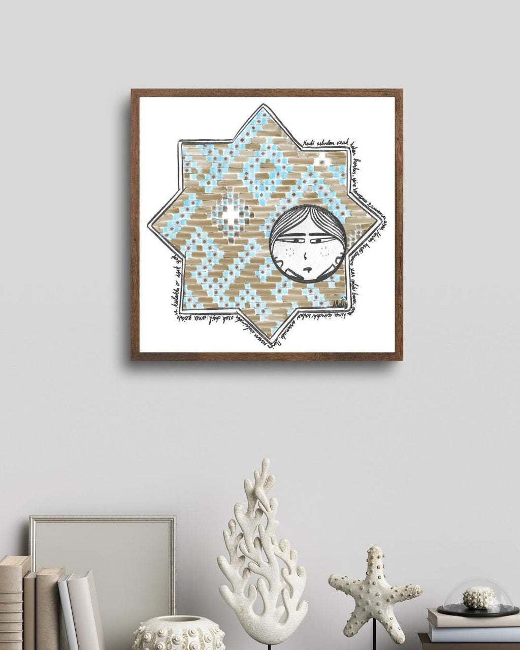 Seljuk Star Tile Art Print: Whimsical Face, Turkish Mosaic (Digital Download)