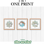 A framed set of three digital art prints featuring stylized faces inside Seljuk star motifs, displayed on a neutral gallery wall. The artworks use traditional Turkish patterns with modern illustration. Top text reads: “Three Visions • One Harmony”.