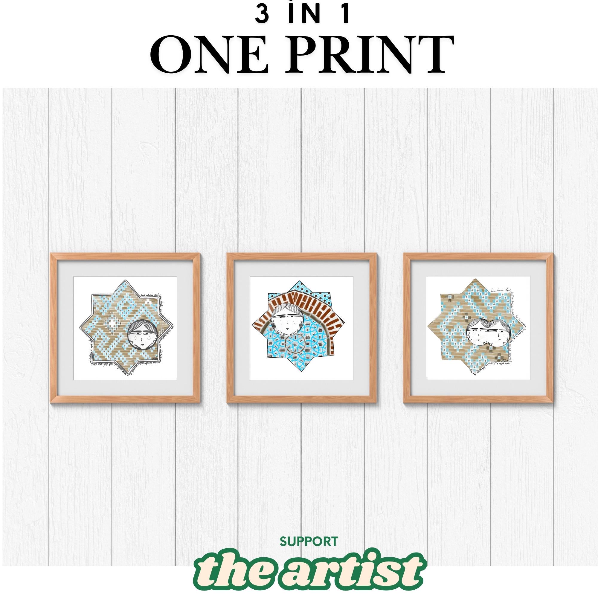 A framed set of three digital art prints featuring stylized faces inside Seljuk star motifs, displayed on a neutral gallery wall. The artworks use traditional Turkish patterns with modern illustration. Top text reads: “Three Visions • One Harmony”.