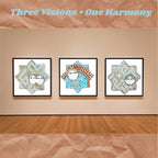 A framed set of three digital art prints featuring stylized faces inside Seljuk star motifs, displayed on a neutral gallery wall. The artworks use traditional Turkish patterns with modern illustration. Top text reads: “Three Visions • One Harmony”.