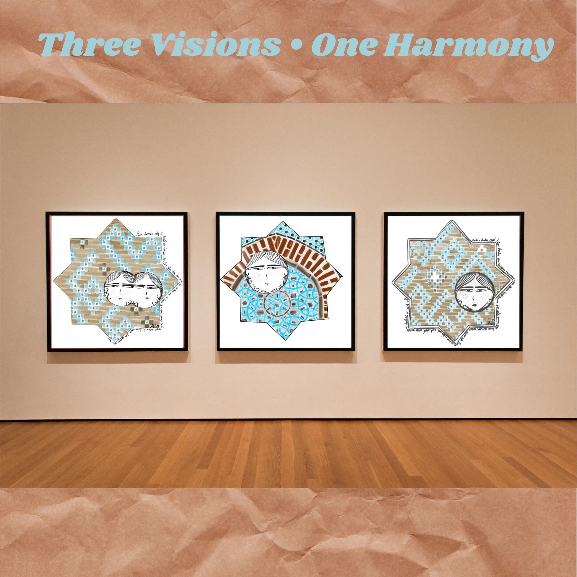 A framed set of three digital art prints featuring stylized faces inside Seljuk star motifs, displayed on a neutral gallery wall. The artworks use traditional Turkish patterns with modern illustration. Top text reads: “Three Visions • One Harmony”.