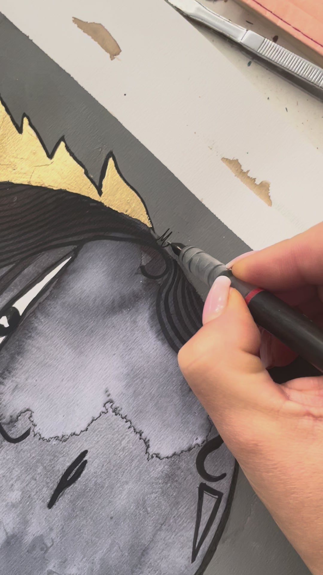 Karatay Kız Kardeşler – Tek Göz Orijinal Eser 35 x 50 cm (Altın yaprak varak uygulamalı)